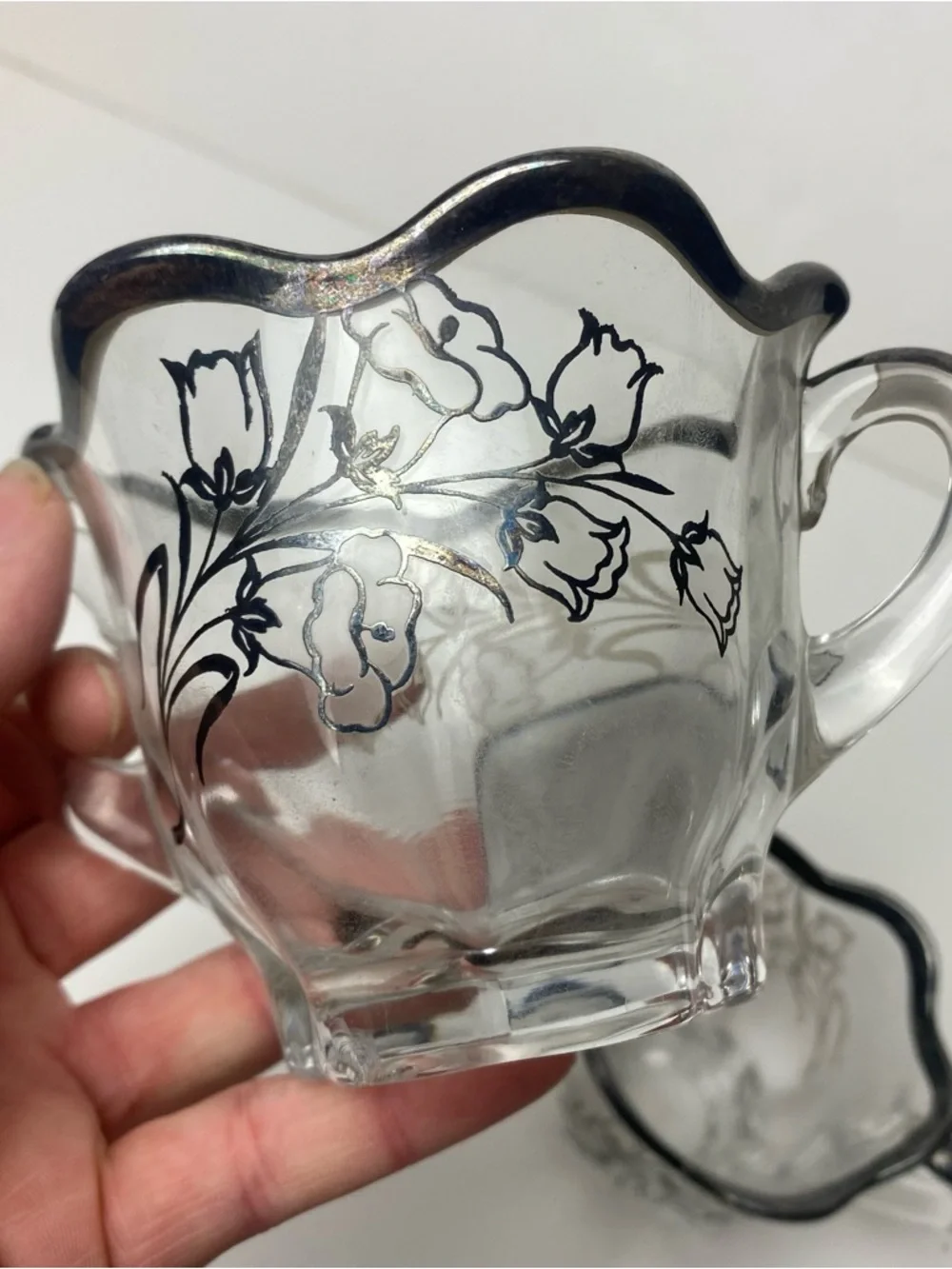 Vintage Duncan & Miller Canterbury‎ Sugar & Creamer Set Floral Silver Rim